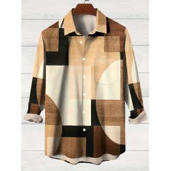 Vintage-Inspired Geometric Color Block 3D Print Men's Plus Size Button-Up Shirt with Pockets - Polyester, Machine Washable, PLUS SIZE