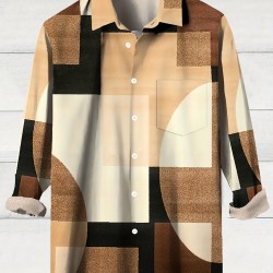 Vintage-Inspired Geometric Color Block 3D Print Men's Plus Size Button-Up Shirt with Pockets - Polyester, Machine Washable, PLUS SIZE