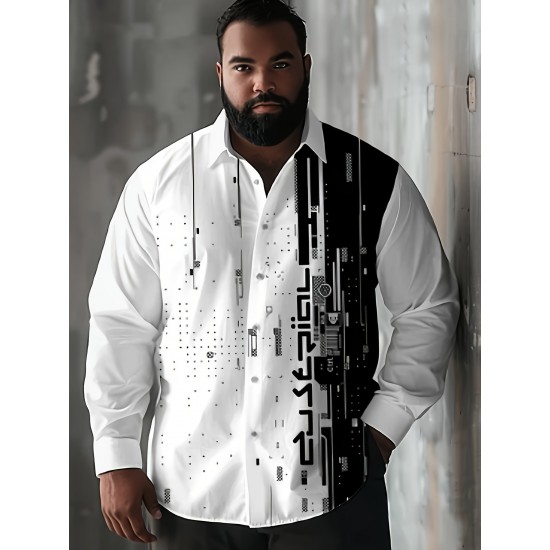 Men'S Plus Size Casual Button-Down Shirt with Geometric Print, Polyester Woven Fabric, Spring/Fall Collection, Adult Unisex Fashion with Regular Fit and Notched Collar