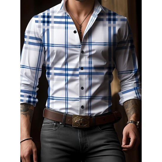 Plus Size Men's Plaid Pattern Long Sleeve Shirt - Slim Fit, Relaxed Casual Style, Ideal for Preppy Occasions, Versatile and Comfortable Wear