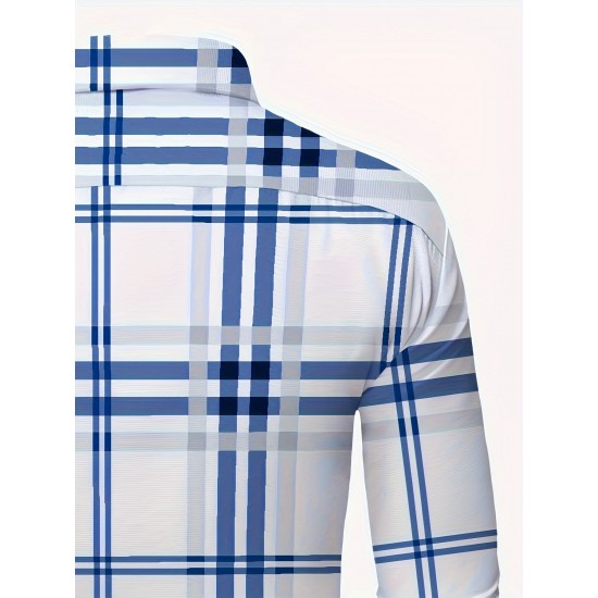 Plus Size Men's Plaid Pattern Long Sleeve Shirt - Slim Fit, Relaxed Casual Style, Ideal for Preppy Occasions, Versatile and Comfortable Wear