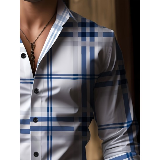 Plus Size Men's Plaid Pattern Long Sleeve Shirt - Slim Fit, Relaxed Casual Style, Ideal for Preppy Occasions, Versatile and Comfortable Wear