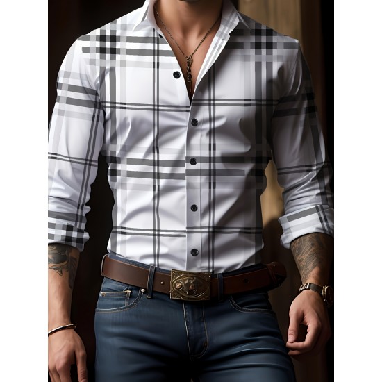 Plus Size Men's Plaid Pattern Long Sleeve Shirt - Slim Fit, Relaxed Casual Style, Ideal for Preppy Occasions, Versatile and Comfortable Wear