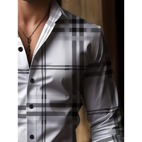 Plus Size Men's Plaid Pattern Long Sleeve Shirt - Slim Fit, Relaxed Casual Style, Ideal for Preppy Occasions, Versatile and Comfortable Wear