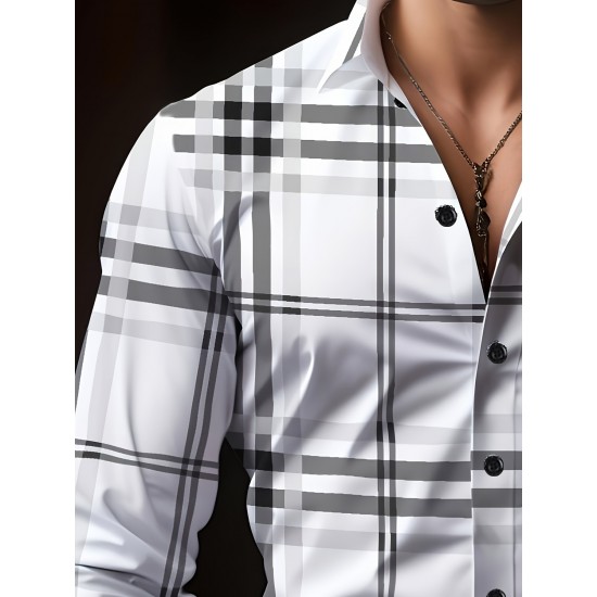 Plus Size Men's Plaid Pattern Long Sleeve Shirt - Slim Fit, Relaxed Casual Style, Ideal for Preppy Occasions, Versatile and Comfortable Wear