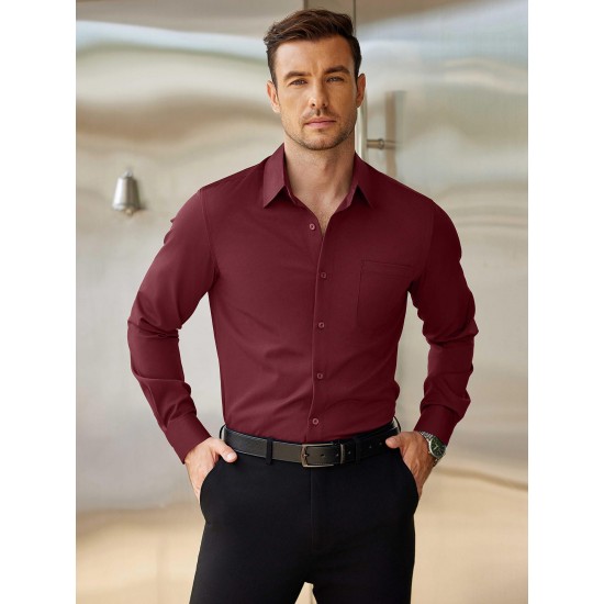 Men'S Plus Size Dress Shirts, Polyester Blend, Casual Work Style, Lapel Collar, Slight Stretch, Solid Color, Button-Down, Regular Fit, Woven, for All Seasons