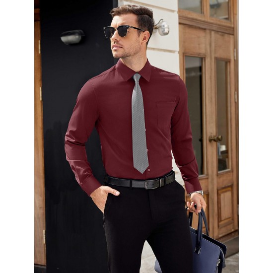 Men'S Plus Size Dress Shirts, Polyester Blend, Casual Work Style, Lapel Collar, Slight Stretch, Solid Color, Button-Down, Regular Fit, Woven, for All Seasons