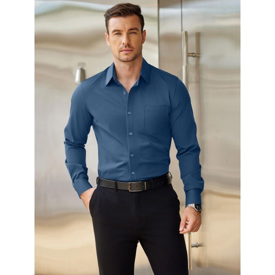 Men'S Plus Size Dress Shirts, Polyester Blend, Casual Work Style, Lapel Collar, Slight Stretch, Solid Color, Button-Down, Regular Fit, Woven, for All Seasons