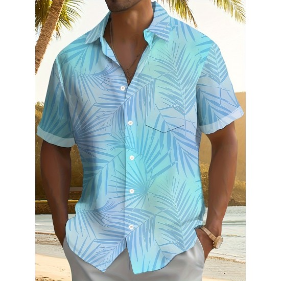 Plus Size Men's Vibrant Hawaiian Gradient Botanical Leaf Print Short Sleeve Relaxed Fit Shirt - Button Front, Functional Pocket, Breathable Fabric, Casual Vacation Style, Comfortable Wear