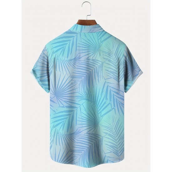 Plus Size Men's Vibrant Hawaiian Gradient Botanical Leaf Print Short Sleeve Relaxed Fit Shirt - Button Front, Functional Pocket, Breathable Fabric, Casual Vacation Style, Comfortable Wear