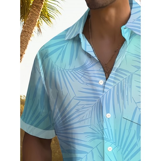 Plus Size Men's Vibrant Hawaiian Gradient Botanical Leaf Print Short Sleeve Relaxed Fit Shirt - Button Front, Functional Pocket, Breathable Fabric, Casual Vacation Style, Comfortable Wear