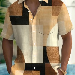 Men's Vintage Geometric Color Block 3D Print Button-Up Shirt with Pocket - Breathable Polyester, Summer Fashion, PLUS SIZE