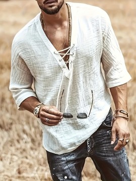 Men's Casual V-Neck Long Sleeve T-Shirt with Drawstring - Breathable Polyester, Machine Washable - Perfect for Spring/Fall, PLUS SIZE