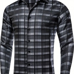 Plus Size Formal Men'S Dress Black Grey Checks Plaids Button Up Dress Shirt, Mature Elegant Top For Wedding/business/dating