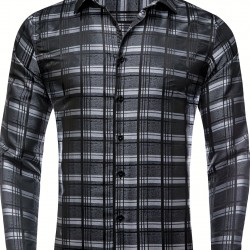 Plus Size Formal Men'S Dress Black Grey Checks Plaids Button Up Dress Shirt, Mature Elegant Top For Wedding/business/dating