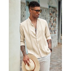 1pc Men'S Casual Crew Neck Long Sleeve Button Down Shirt - Solid Color Rayon/Viscose Blend, Non-Stretch Fabric, Woven Cuban Guayabera Beach Shirt for Spring/Fall, Plus Size