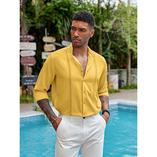 1pc Men'S Casual Crew Neck Long Sleeve Button Down Shirt - Solid Color Rayon/Viscose Blend, Non-Stretch Fabric, Woven Cuban Guayabera Beach Shirt for Spring/Fall, Plus Size