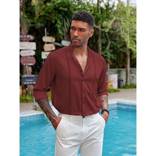 1pc Men'S Casual Crew Neck Long Sleeve Button Down Shirt - Solid Color Rayon/Viscose Blend, Non-Stretch Fabric, Woven Cuban Guayabera Beach Shirt for Spring/Fall, Plus Size