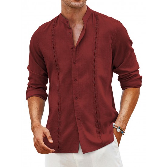 1pc Men'S Casual Crew Neck Long Sleeve Button Down Shirt - Solid Color Rayon/Viscose Blend, Non-Stretch Fabric, Woven Cuban Guayabera Beach Shirt for Spring/Fall, Plus Size