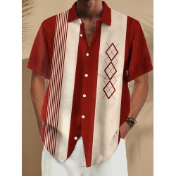 Plus Size Retro Bowling Geometric Graphic Print Short Sleeve Buttons Pocket Men's Shirt