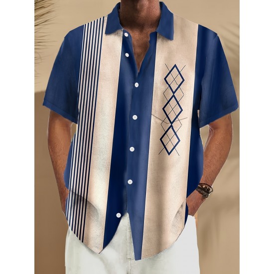 Plus Size Retro Bowling Geometric Graphic Print Short Sleeve Buttons Pocket Men's Shirt