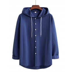 Men's Casual Hooded Shirt - Polyester, Button-Up, Solid Color, Perfect for Spring/Fall, PLUS SIZE