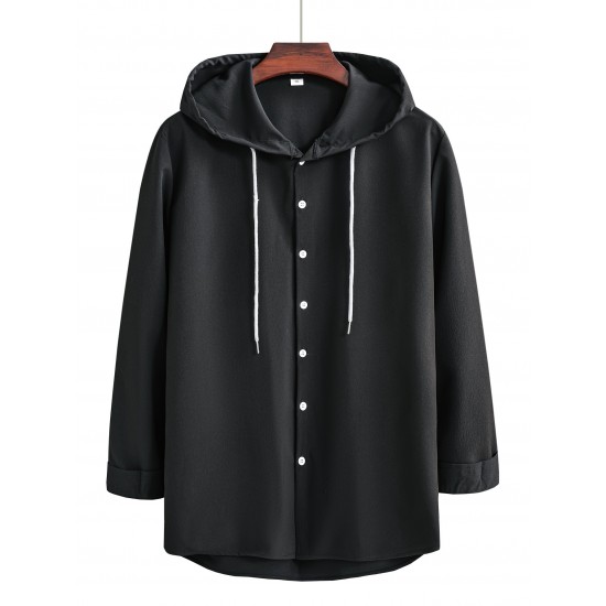 Men's Casual Hooded Shirt - Polyester, Button-Up, Solid Color, Perfect for Spring/Fall, PLUS SIZE