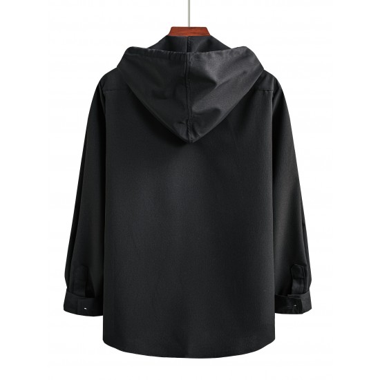 Men's Casual Hooded Shirt - Polyester, Button-Up, Solid Color, Perfect for Spring/Fall, PLUS SIZE