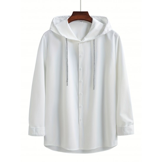 Men's Casual Hooded Shirt - Polyester, Button-Up, Solid Color, Perfect for Spring/Fall, PLUS SIZE