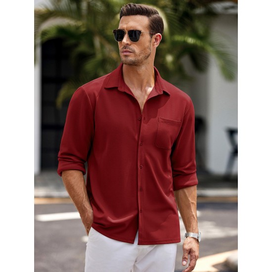 Men'S Long Sleeve Casual Button-Down Shirt - Solid Color, Non-Stretch Knit Fabric, Regular Fit, Wrinkle Free Polyester Shirt for Adult Men - Spring/Fall Basics with Button Details, Plus Size