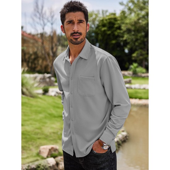 Men'S Long Sleeve Casual Button-Down Shirt - Solid Color, Non-Stretch Knit Fabric, Regular Fit, Wrinkle Free Polyester Shirt for Adult Men - Spring/Fall Basics with Button Details, Plus Size