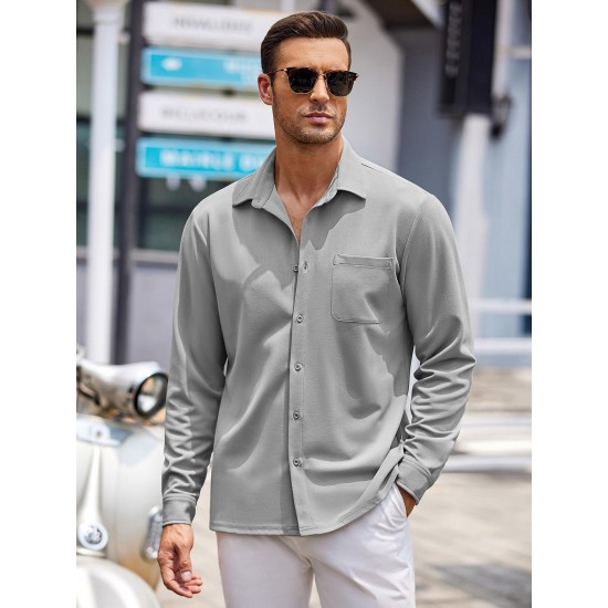 Men'S Long Sleeve Casual Button-Down Shirt - Solid Color, Non-Stretch Knit Fabric, Regular Fit, Wrinkle Free Polyester Shirt for Adult Men - Spring/Fall Basics with Button Details, Plus Size