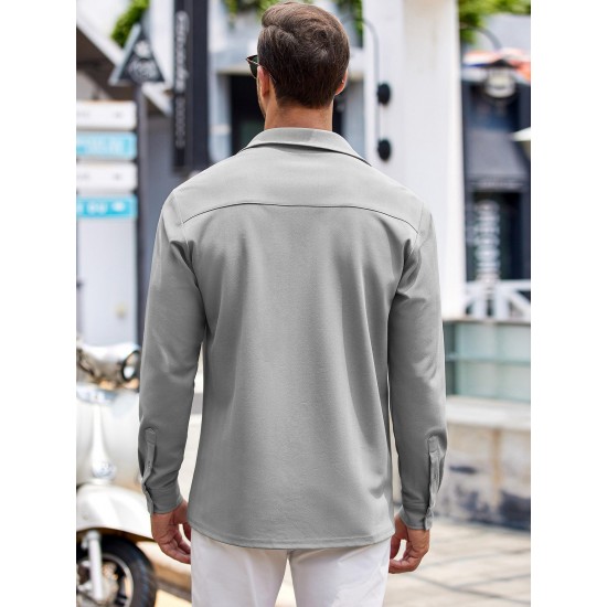 Men'S Long Sleeve Casual Button-Down Shirt - Solid Color, Non-Stretch Knit Fabric, Regular Fit, Wrinkle Free Polyester Shirt for Adult Men - Spring/Fall Basics with Button Details, Plus Size