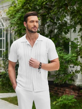 1pc Men'S Casual Knit Polo Shirt - Polyester Short Sleeve Lapel Collar, Slight Stretch Solid Color, Button Down Beach Top for Spring/Summer/Fall, Plus Size