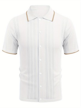 1pc Men'S Casual Knit Polo Shirt - Polyester Short Sleeve Lapel Collar, Slight Stretch Solid Color, Button Down Beach Top for Spring/Summer/Fall, Plus Size