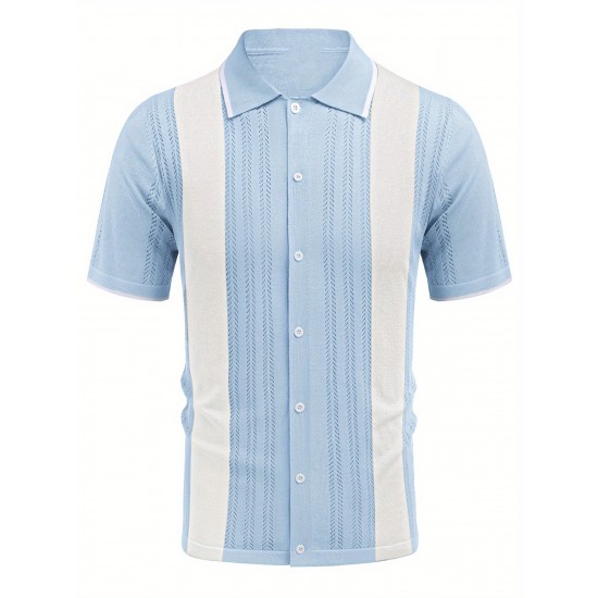 1pc Men'S Casual Knit Polo Shirt - Polyester Short Sleeve Lapel Collar, Slight Stretch Solid Color, Button Down Beach Top for Spring/Summer/Fall, Plus Size