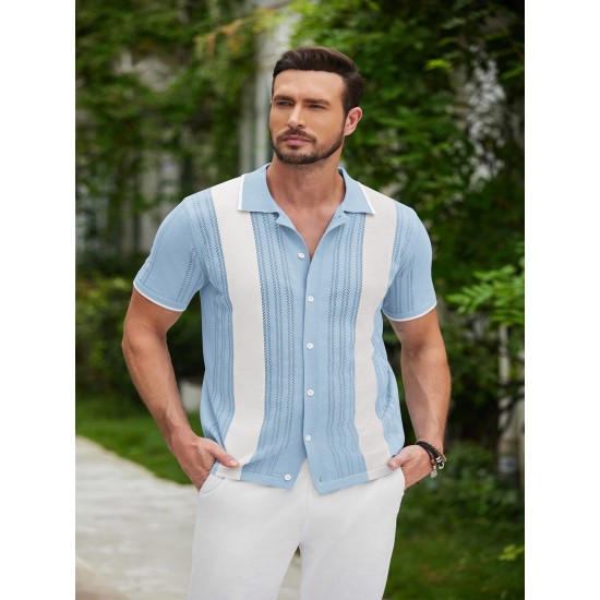 1pc Men'S Casual Knit Polo Shirt - Polyester Short Sleeve Lapel Collar, Slight Stretch Solid Color, Button Down Beach Top for Spring/Summer/Fall, Plus Size