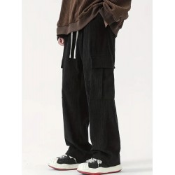 Men's Casual Cargo Pants with Drawstring Waist - Stretch Corduroy, Flap Pockets for Outdoor & Work