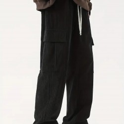 Men's Casual Cargo Pants with Drawstring Waist - Stretch Corduroy, Flap Pockets for Outdoor & Work