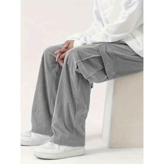 Men's Casual Cargo Pants with Drawstring Waist - Stretch Corduroy, Flap Pockets for Outdoor & Work