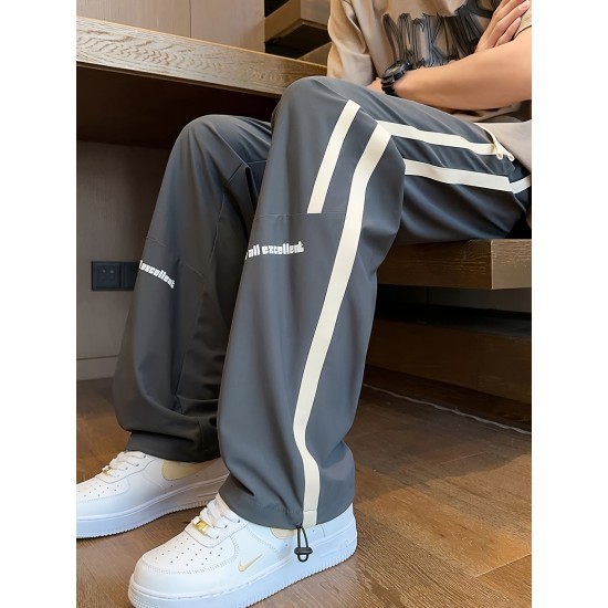 Men's Ice Silk Cool Quality Casual Pants With Elastic Waist, Trendy Versatile Striped Trousers