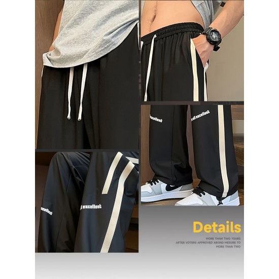 Men's Ice Silk Cool Quality Casual Pants With Elastic Waist, Trendy Versatile Striped Trousers