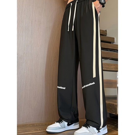 Men's Ice Silk Cool Quality Casual Pants With Elastic Waist, Trendy Versatile Striped Trousers