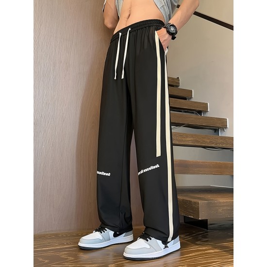 Men's Ice Silk Cool Quality Casual Pants With Elastic Waist, Trendy Versatile Striped Trousers