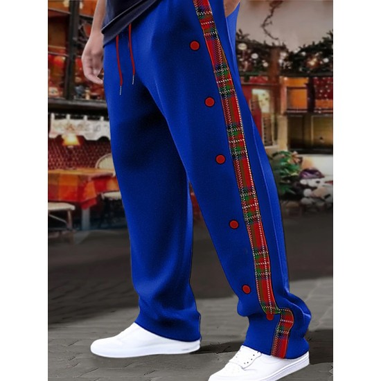 1pc Men'S Casual Wide-Leg Sweatpants with Geometric Plaid Panels, Elastic Waistband with Drawstrings, Pockets, Knit Polyester Fabric, Slight Stretch, All-Season Comfort Fit Trousers