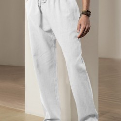 Men'S Casual Linen-Style Pants, Polyester, Loose Fit, Solid Color, Slight Stretch, with Drawstring Waist, for All-Season Weekend Casual Wear