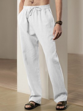 Men'S Casual Linen-Style Pants, Polyester, Loose Fit, Solid Color, Slight Stretch, with Drawstring Waist, for All-Season Weekend Casual Wear