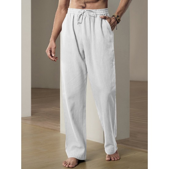 Men'S Casual Linen-Style Pants, Polyester, Loose Fit, Solid Color, Slight Stretch, with Drawstring Waist, for All-Season Weekend Casual Wear