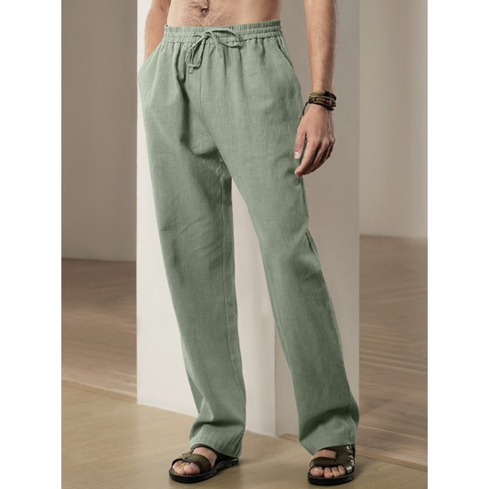 Men'S Casual Linen-Style Pants, Polyester, Loose Fit, Solid Color, Slight Stretch, with Drawstring Waist, for All-Season Weekend Casual Wear