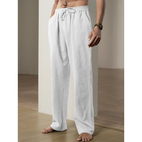 Men'S Casual Linen-Style Pants, Polyester, Loose Fit, Solid Color, Slight Stretch, with Drawstring Waist, for All-Season Weekend Casual Wear